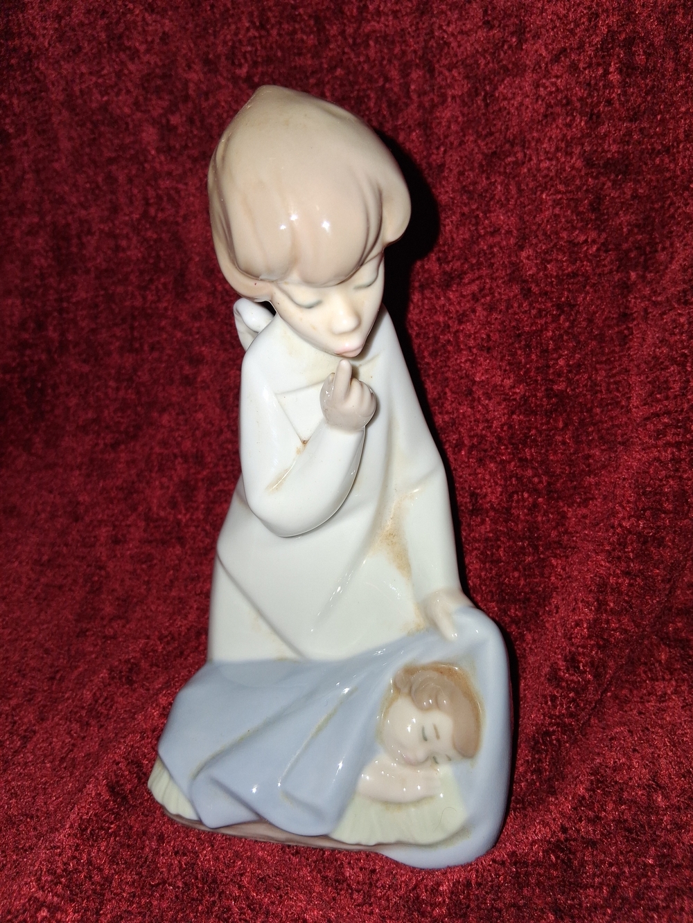Porcelain Figurine of Caring Child in Cream and Light Blue - Brand Unspecified
